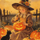 Halloween noitatyttö, kurpitsat ympärillä - pikkukuva 1