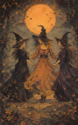 Halloween kolme noitaa tanssii täydenkuun aikaan
