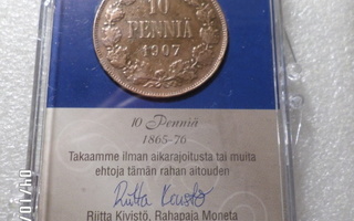 10 penniä  1907 kulkematon  Rahapaja  Monetan  Kotelossa,
