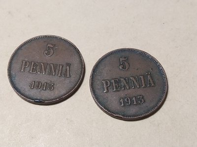 5 penniä Cu 1913 2 kpl