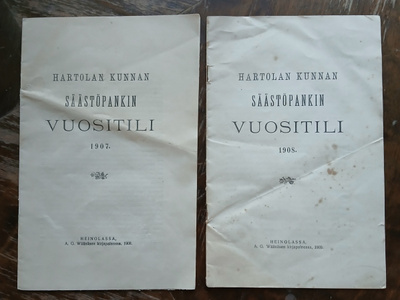 Hartolan kunnan Säästöpankin vuositili 1907 ja 1908