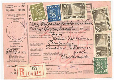 1945 20mk postitalo ym R-varovasti-postiennakkopaketti