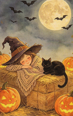 Halloween noitatyttö ja kissa nukkuvat