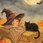 Halloween noitatyttö ja kissa nukkuvat - pikkukuva 1