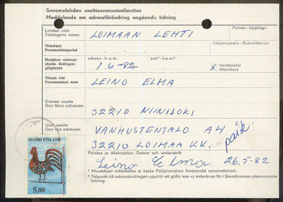 1977 5 mk viirikukko sanomalehdenosoitteen muutoksella