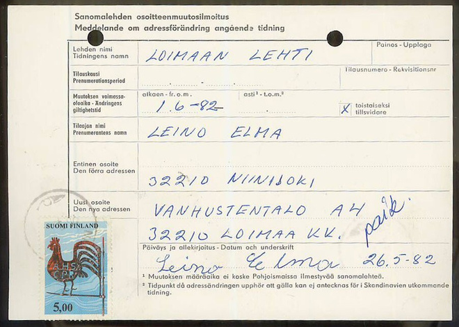 1977 5 mk viirikukko sanomalehdenosoitteen muutoksella