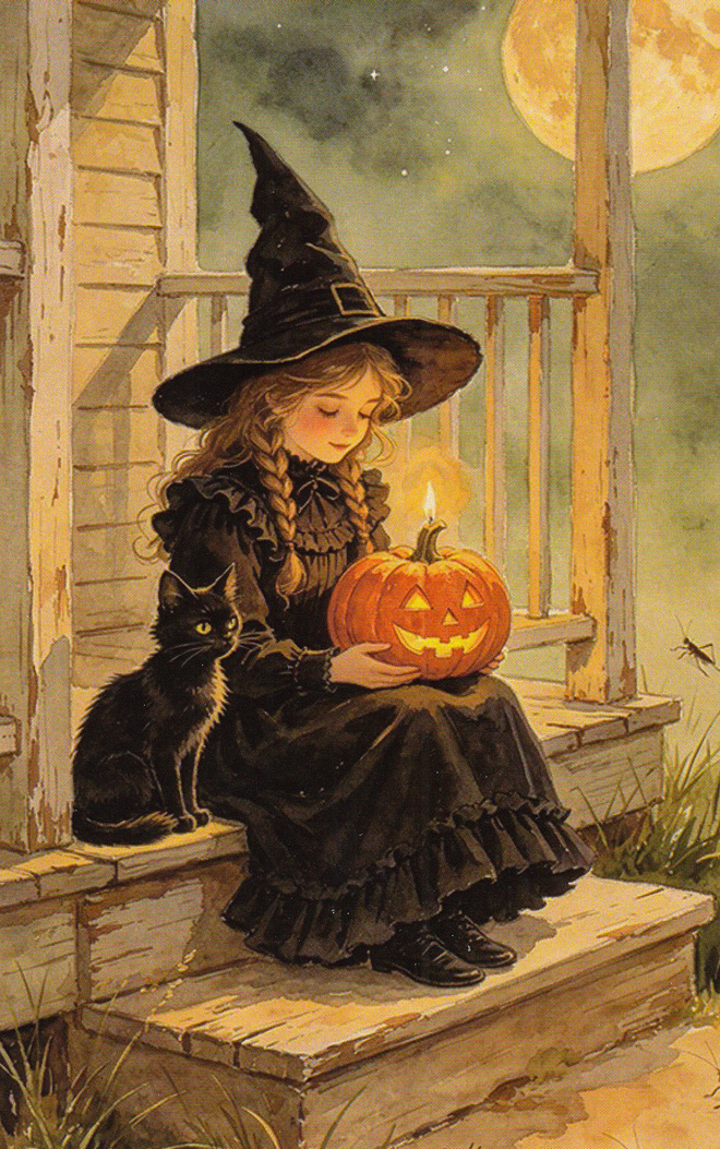 Halloween noitatyttö istuu kissan kanssa rappusilla