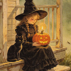 Halloween noitatyttö istuu kissan kanssa rappusilla - pikkukuva 1