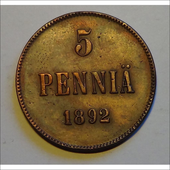 1892 5 penniä kl7/6 arvokas kolikko