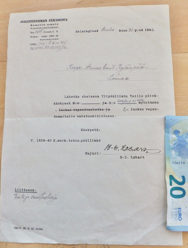 VANHA Saatekirje Pääesikunta Vapaudenmitali 1939 2 lk v.1944