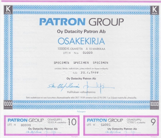 OKK 1989 Datacity Patron Oy spec, Turku pörssi osakekirja