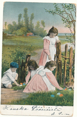 Lapset ja pääsiäismunia - vanha Carte Postale