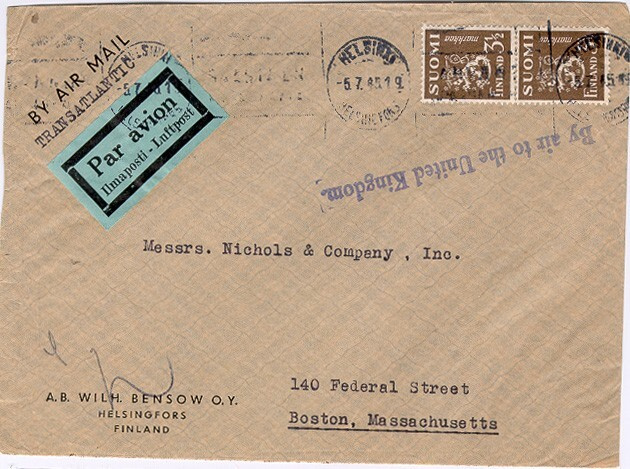 M30 1942 3,5mk oliivi pari lentokirjeellä USA 5.7.45