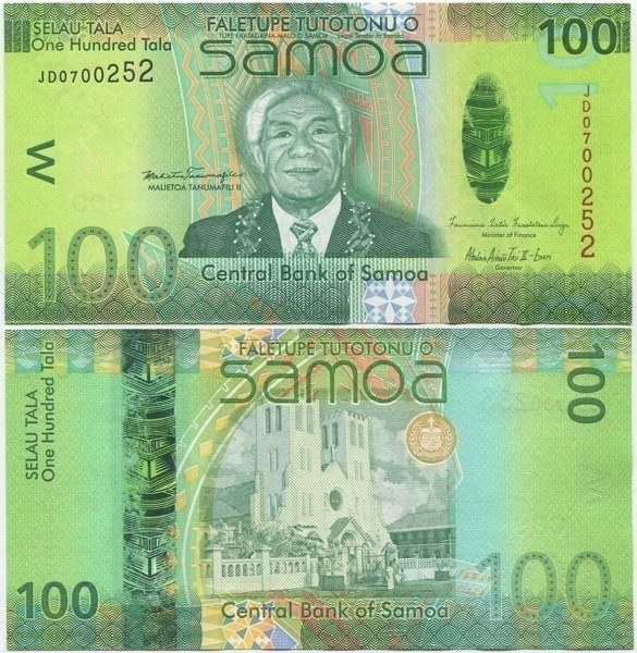 Samoa 100 Tala 2012 (P-42b) UNC hieno ja värikäs, hybrid