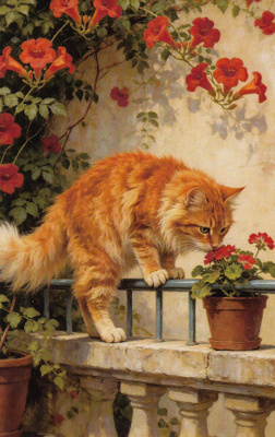 Punainen kissa ja pelargonia parvekkeella