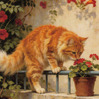 Punainen kissa ja pelargonia parvekkeella - pikkukuva 1
