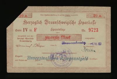 Saksa 20 Mark, Braunschweig 1.11.1918, Serie IV lit. F, VF