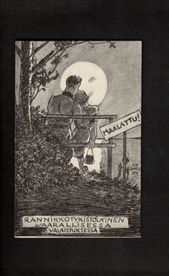 Sotilaspostikortti, Rannikkotykistöläinen, neito penkillä