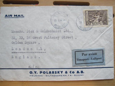 Puunhakkaja 25 mk yksin ilmapostina/firma Englantiin 1947