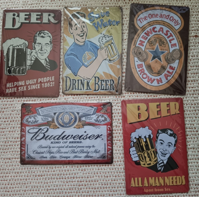 5kpl olutaiheisia peltikylttejä uusia retro