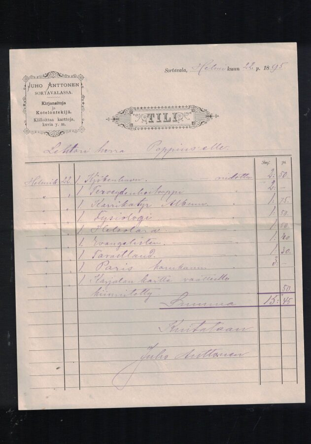 Lasku (Tili) Juho Anttonen, Sortavala 1895