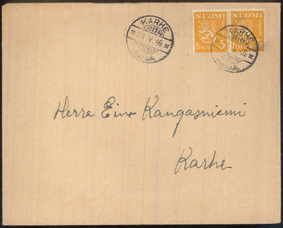 M30 1945 3 mk keltainen pari paikalliskirje 1946 KARHE