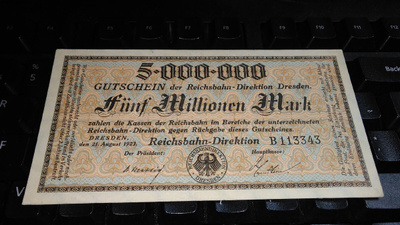 Germany Saksa Rautatie 5 Million Marks 1923 XF+