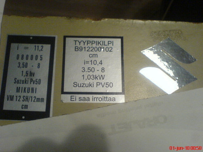 suzuki PV 94 ja uudemmat tyyppikilpi leveä tarra