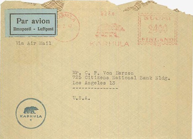 1947 lentokirje USAhan - frankkeerausleima Karhula