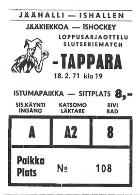 Pelilippu Jokerit- Tappara 18.2.1971!