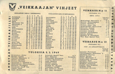 1949 VEIKKAAJAN VIHJEET ENGLANNIN LIIGA JA CUP-OTTELUITA LAK