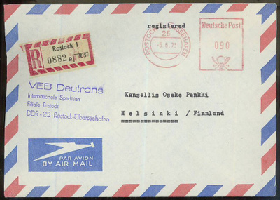 DDR 1973 kirjattu frankkeerauskuori lentopostissa Suomeen