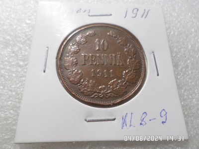 10  penniä   1911  siistikuntoinen   rahakehyksessä,.