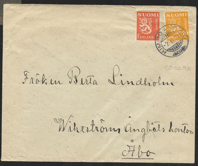 Postil. Yl. m. 1+0,50mk (LAPE 148+150) Kimito-Kemiö 2.2.1931