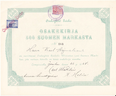 OKK 1928 Höyrylaivayhtiö Teisko Oy, Tampere osakekirja
