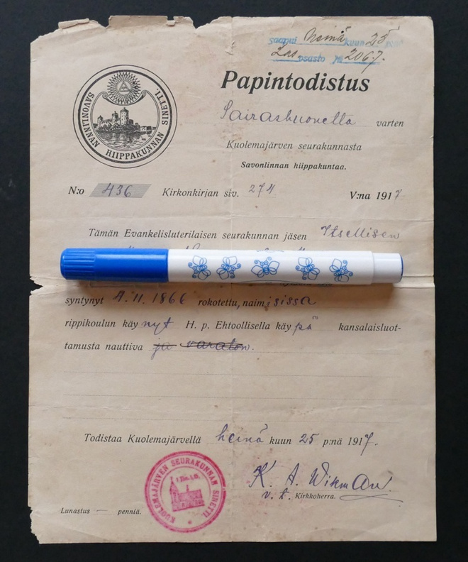 Luovutettu Karjala, Papintodistus v. 1917