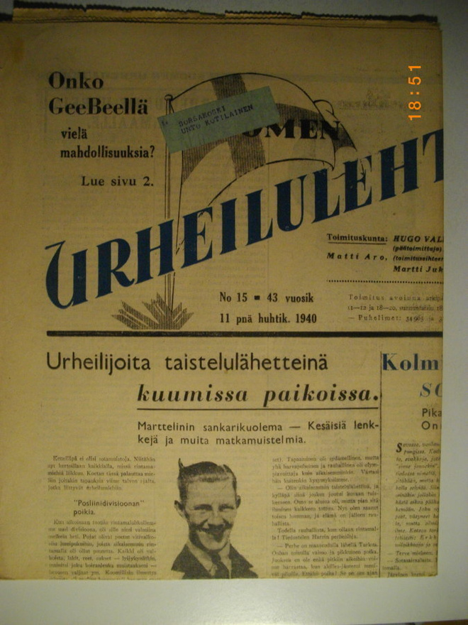 Suomen Urheilulehti Nro 15/1940 (16.3)