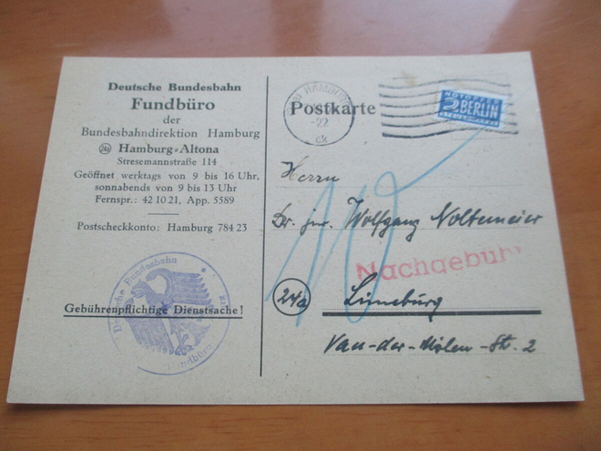 1954 Hampuri Berliinin veromerkki kortilla
