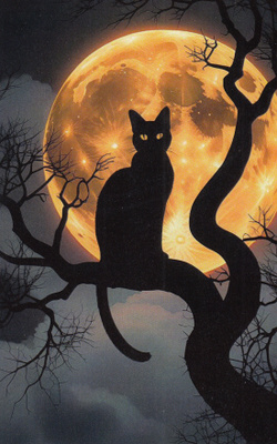 Halloween kissa puun oksalla, suuri täysikuu