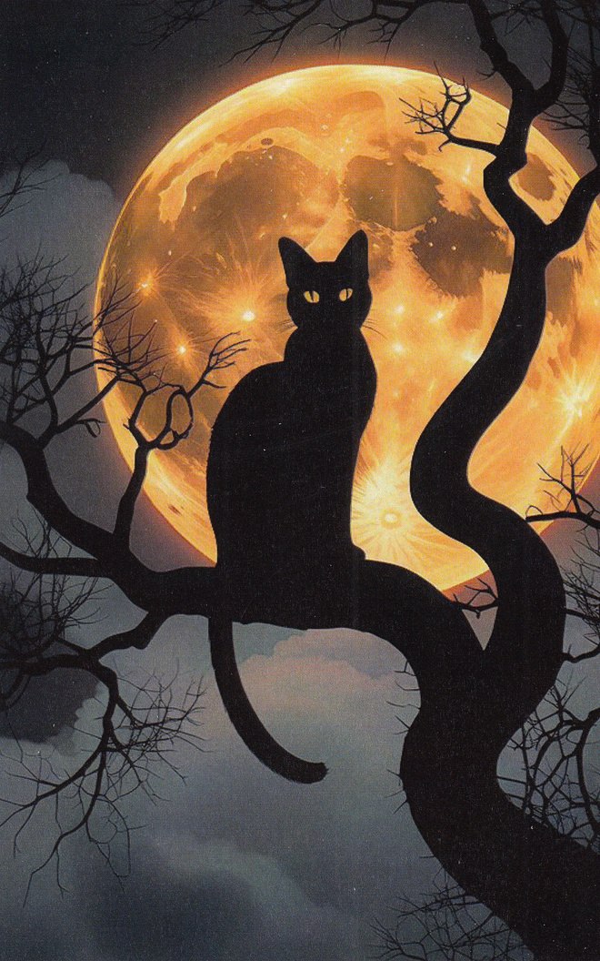 Halloween kissa puun oksalla, suuri täysikuu