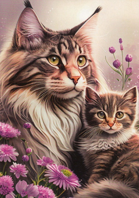 Maine coon -kissaemo pentunsa kanssa