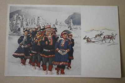 Lappilaisia, valokuva- ja piirroskortti, p. 1980