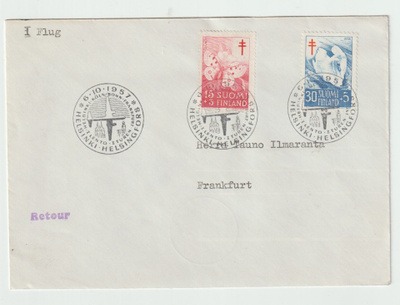 Postileima : HELSINKI 6.10.1957 , I Flug Frankfurt