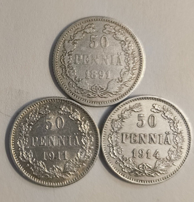 3kpl 50 penniä, 0.750ag, hinta sisältää postikulut