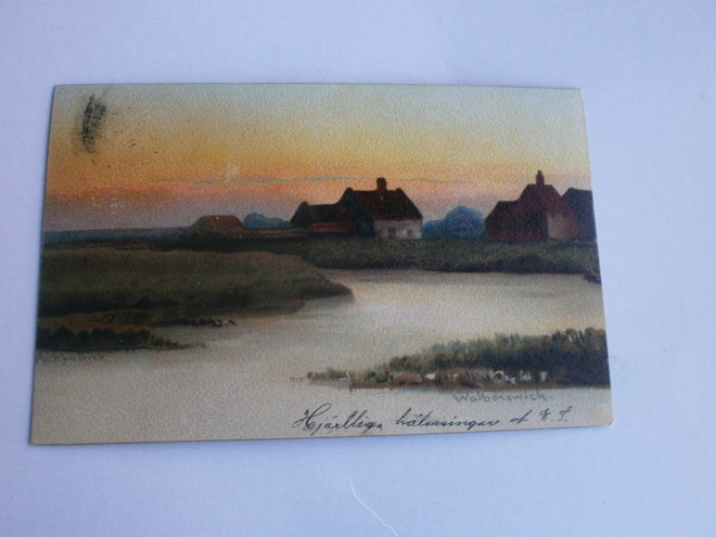 Suffolk, Walberswick, maisema iltaruskossa, p. 1904  Suomeen