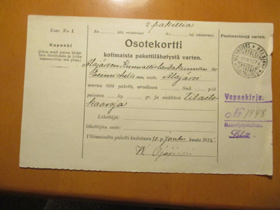 1915 Maanviljelyshallitus vapaapakettikortti os Alajärvi