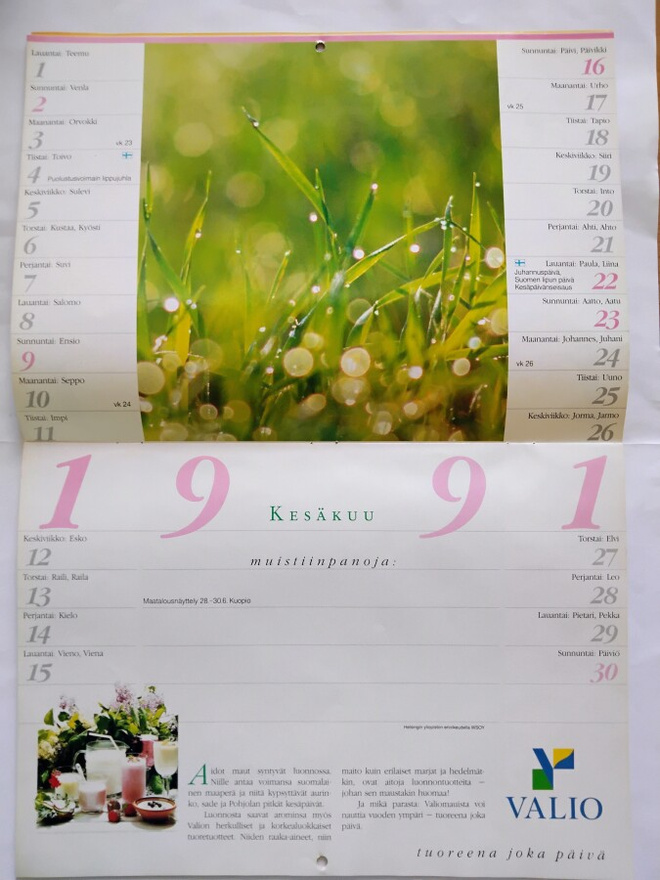 seinäkalenteri Valio 1991