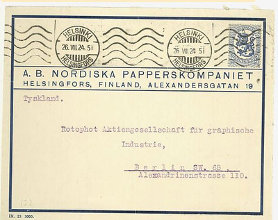 Firmakuori NORDISKA PAPPERSKOMPANIET kirje Saksaan -24