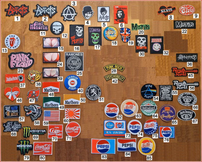 274 erilaisia kangasmerkkiä; Rock, Punk, Sport, Auto, Biker.