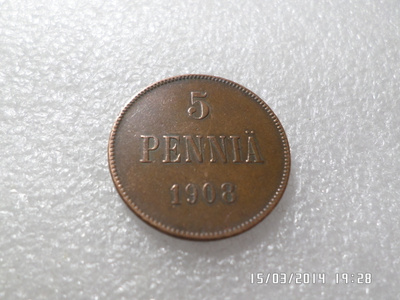 5 penniä  1908  kulkematon    hieno kolikko.